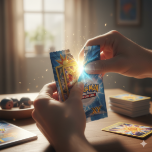 person opening pokemon card pack